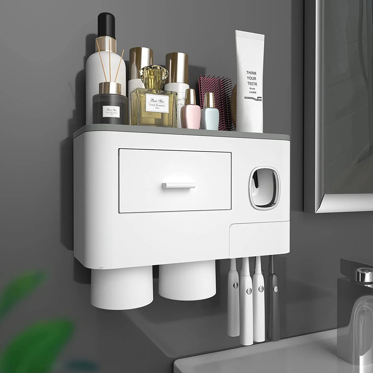 Toothpaste Dispenser With Toothbrush Rack